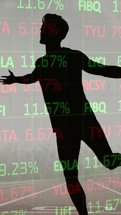 Stock market data processing over silhouette of male athlete celebrating against Stock Footage 320158911