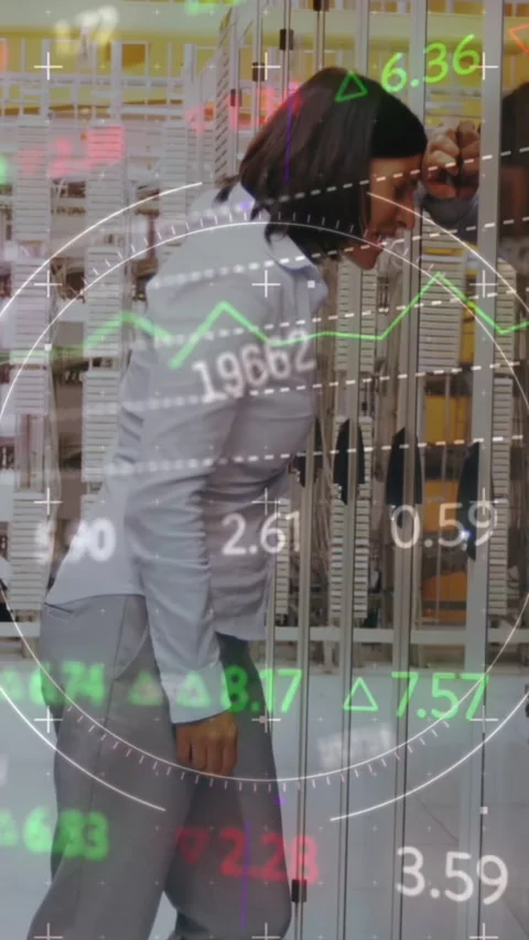 Stock market data processing over stressed caucasian female engineer at server Stock Footage 322955234