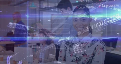 Stock market data processing over african american female engineer smiling at Stock Footage 328461327