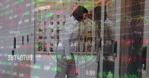 Stock market data processing over stressed caucasian female engineer at server Stock Footage 330254343