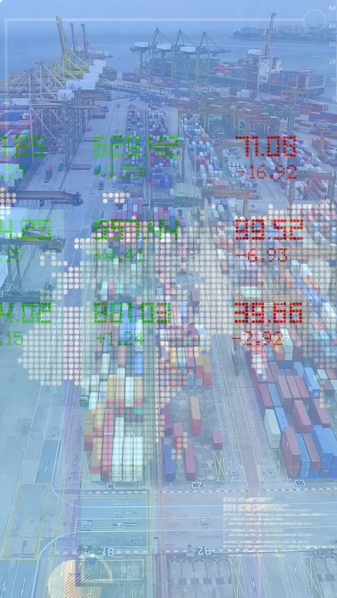 Stock market data processing over world map against aerial view of port Stock Footage 331646791