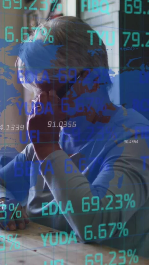 Stock market data processing over world map against woman using laptop at home Stock Footage 331649605