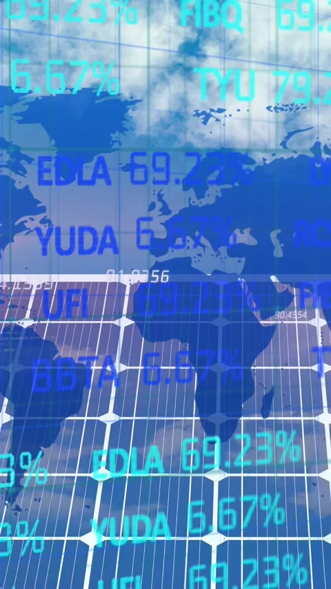 Stock market data processing over world map against solar panel in background Stock Footage 331652967