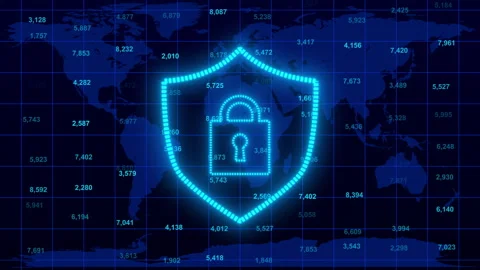 Stock market data processing over world with Security padlock and shield icon Stock Footage 345117694
