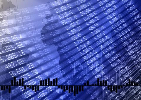 Stock market data processing over a world map, finances and economy concepts Ilustração Stock
