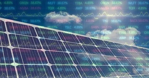 Stock market data processing over solar panel against clouds in blue sky Stock Illustration