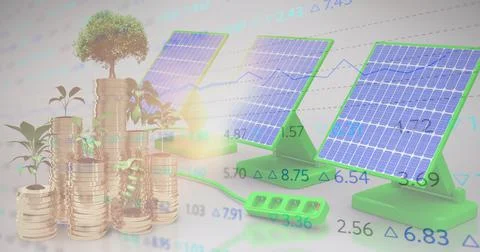 Stock market data processing over plants on stack of gold coins against solar Stock Illustration