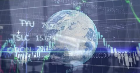Stock market data processing over spinning globe against empty office in Stock Illustration