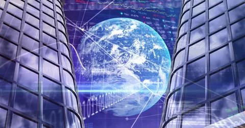 Stock market data processing over globe and tall buildings against blue Stock Illustration