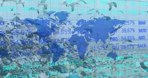 Stock market data processing over world map against landfill with birds flying Stock Illustration