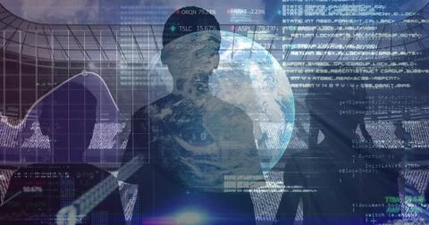 Stock market data processing over globe and silhouette of fans against sports 스톡 일러스트