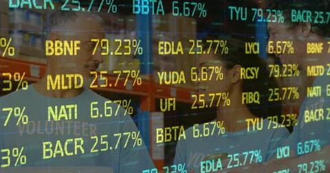 Stock market data processing over male and female volunteers checking their Stock Illustration