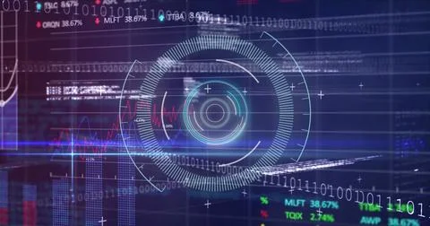 Stock market data processing over neon round scanner and data processing against Stock Illustration