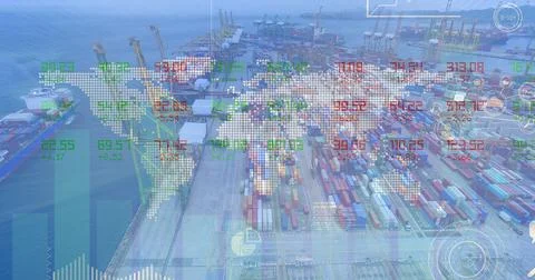 Stock market data processing over world map against aerial view of port Stockfoto's