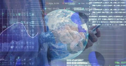 Stock market data processing over spinning globe against mid section of man Stock Photos