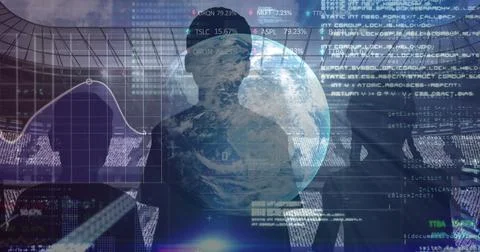 Stock market data processing over globe and silhouette of fans against sports 写真素材