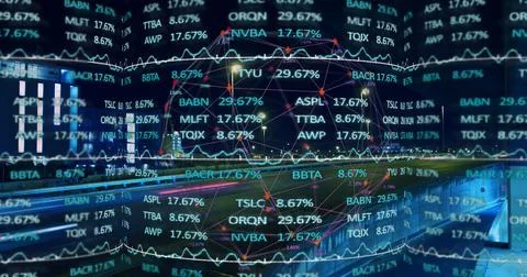 Stock market data processing over spinning globe against view of night city Foto stock