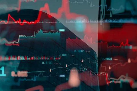 Stock market data visualization overlay on modern office building. Concept of Stock Photos