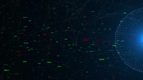 Stock market digital globe visual floating price values, network lines, colored Stock Footage 340557605