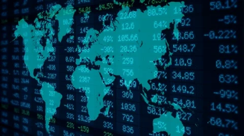 Stock Market - Financial Numbers - Digital Led - World Map - dark blue - ri Stock Footage