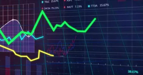 Stock market graph and data points image over financial trading chart Stockfoto's