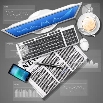 Stock market graph on computer screen and mobile phone with newspaper Stock Illustration