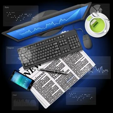Stock market graph on computer screen and mobile phone with newspaper Stock Illustration