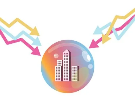 Stock market graph down to pop the property bubble. Stock Illustration