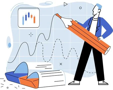 Stock market manipulation. Characters analyzing stock market data to control Illustrazione stock