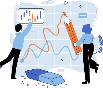Stock market manipulation. Characters analyzing stock market data to control 스톡 일러스트