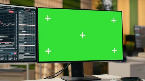 Stock market metrics visualization displayed on green screen PC Stock Photos