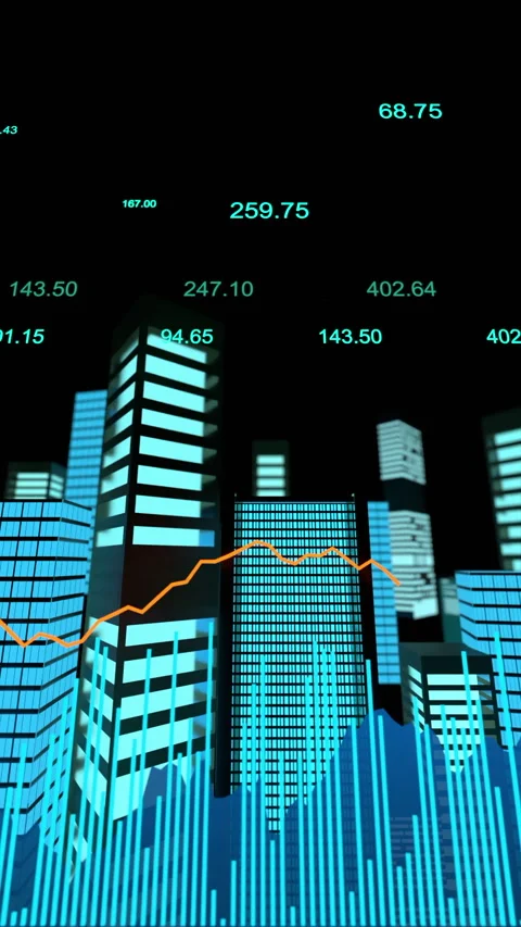 Stock market ticker, chart with data, futuristic skyline in the background Stock Footage 320914054
