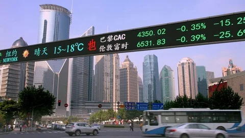 Stock market tickers financial Dow Jones index display in Shanghai, China, 4K Stock Footage