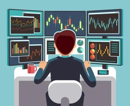 Stock market trader looking at multiple computer screens with financial and Illustrazione stock