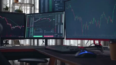 Stock Market Trader Multiple Computer Monitors With Financial Charts Stock Footage 157189942