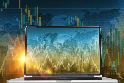 Stock Trader Computer Conceptual 3D Render Illustration. Global Stock Illustrazione stock