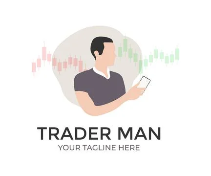Stock Trader Looking using smartphone while workin logo design. Stock Illustration