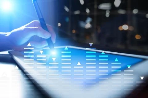 Stock trading, data analysis diagram, chart, graph on virtual screen. Business Stock Photos