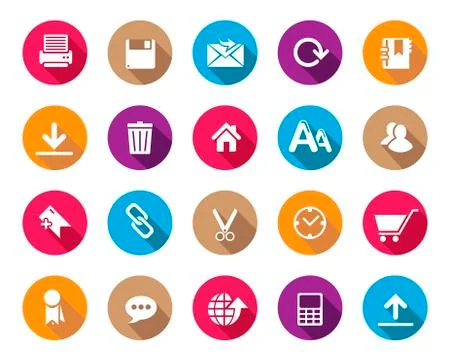 Stock Vector colourful rounded web and office icons with shadow. Stock Illustration