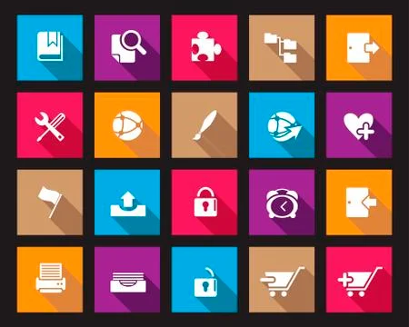 Stock Vector Colourful Square web and office icons with shadow in high resolutio Illustrazione stock