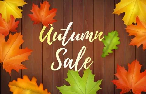 Stock vector illustration design Autumn sale with falling leaves in wooden Stock Illustration