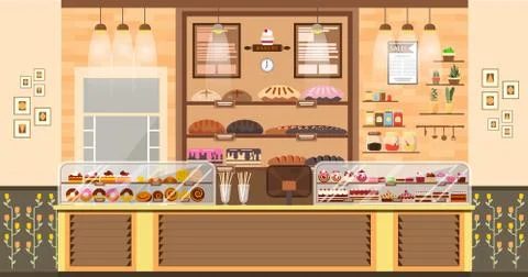 Stock vector illustration interior of bake shop, bake sale, business of bakin Stock Illustration