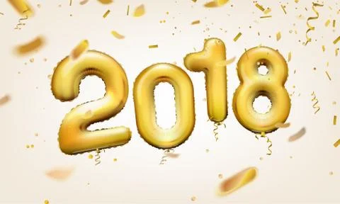 Stock vector illustration realistic 3D golden numbers balloons 2018. Shiny, Stock Illustration