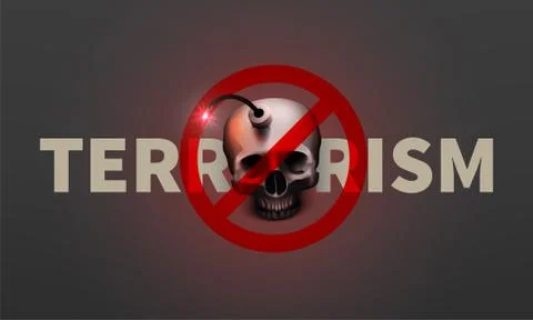 Stock vector illustration stop terrorism poster, banner. Realistic bomb human Stock Illustration