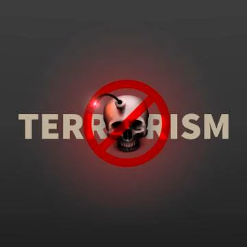 Stock vector illustration stop terrorism poster. Realistic bomb human skull. A Stock Illustration