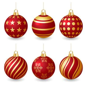 Stock vector set of red christmas balls with golden design ornament holiday.. Illustrazione stock