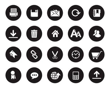 Stock Vector white web and office icons on black circle in high resolution. Illustrazione stock