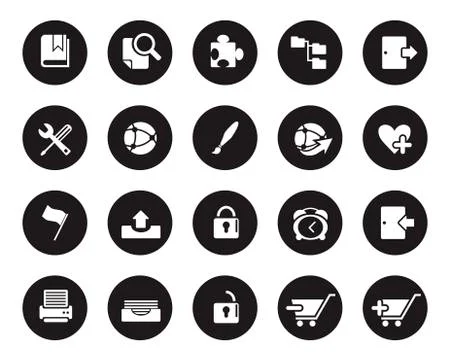 Stock Vector white web and office icons on black circle in high resolution. Stock Illustration