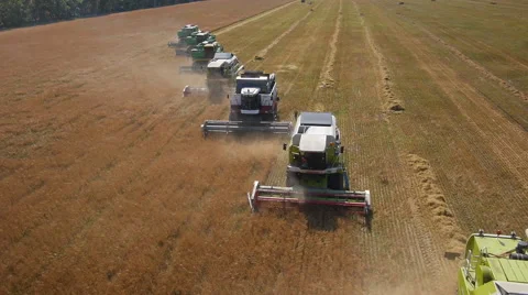 Stock Video Footage agriculture aerial flight over a field harvesting Stock Footage