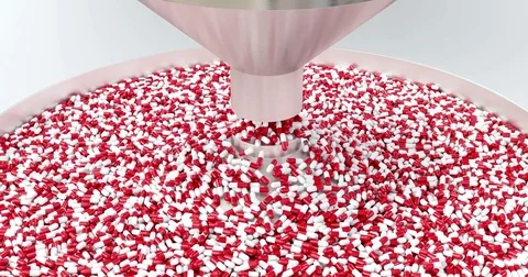 Stock video, the process of production of pills, tablets, red-white capsules Video stock 80383680